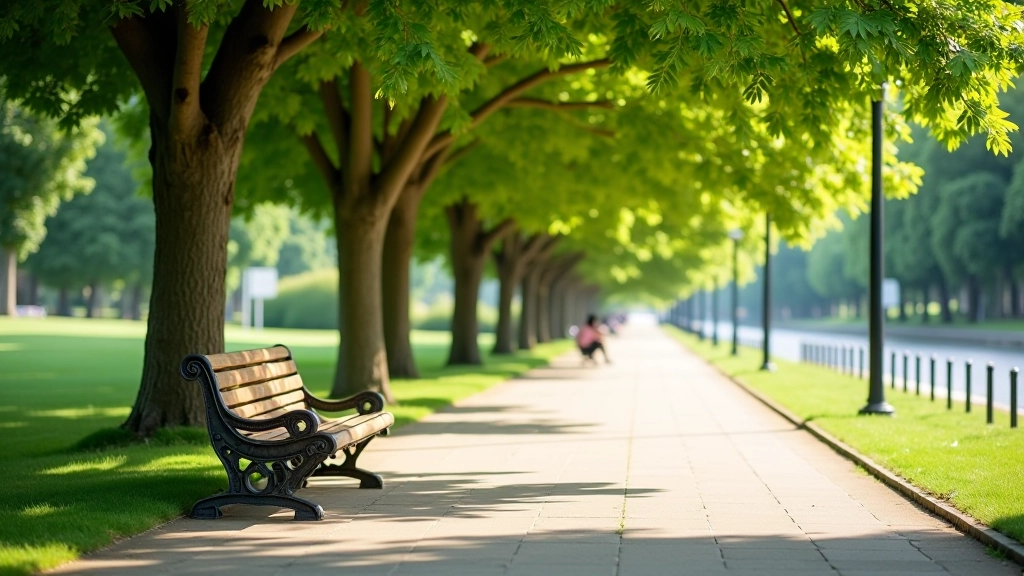 Promenade park, punane ping varjus puude all, raudkaitserööpmed, ohutu keskkond