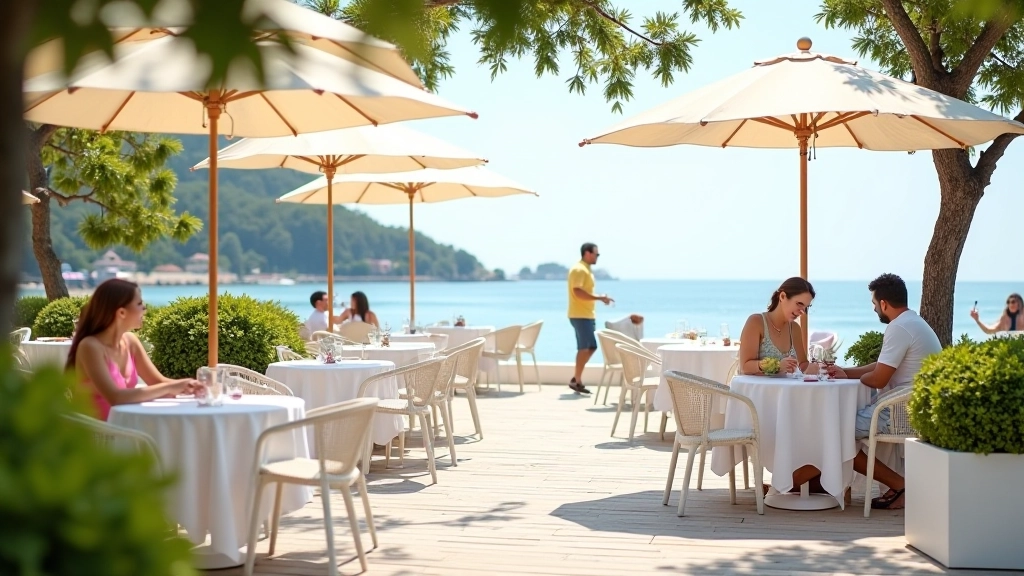 Promenade café ala, väikesed laualid, parasoliid, rannik taustal