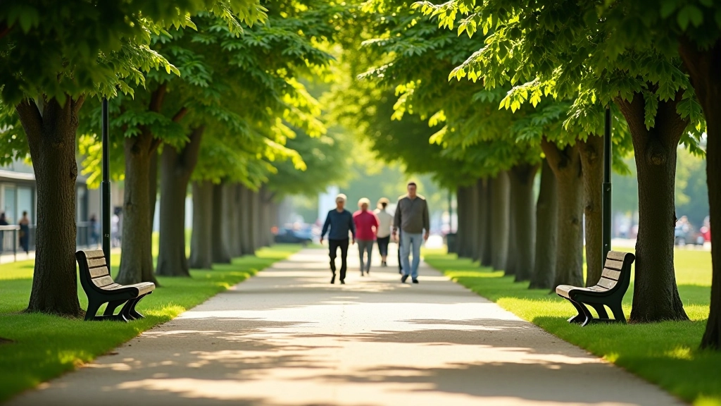 Promenade tee varjuga, pargid, teepaeg märgistatud, inimesed jalutamas, roheline ümbruskond